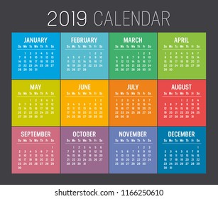 Colorful year 2019 calendar isolated on a black background