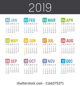 Colorful year 2019 calendar isolated on a white background