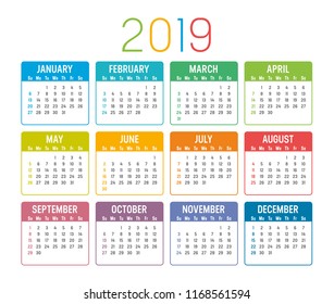 Colorful year 2019 calendar isolated on a white background