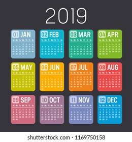 Colorful year 2019 calendar isolated on a black background