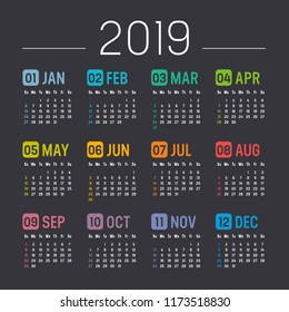 Colorful year 2019 calendar isolated on a black background