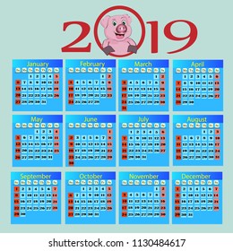 Colorful year 2019 calendar vector template