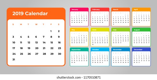 Colorful year 2019 calendar vector template. Eps 10