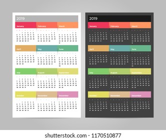 Colorful year 2019 calendar vector template. Eps 10