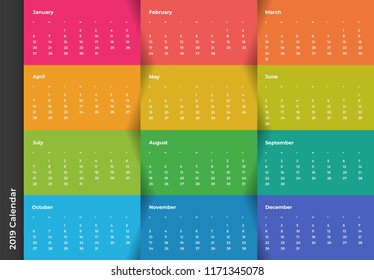 Colorful year 2019 calendar vector template. Eps 10