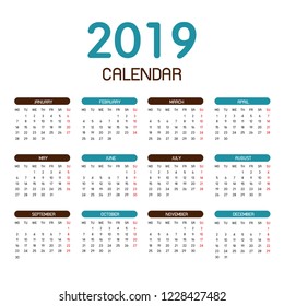 Colorful year 2019 calendar vector template