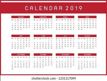 Colorful year 2019 calendar vector template.eps 10.