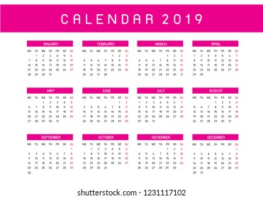 Colorful year 2019 calendar vector template.eps 10.