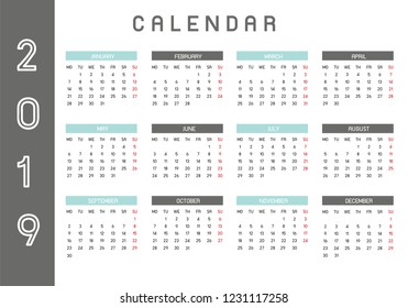 Colorful year 2019 calendar vector template.eps 10.