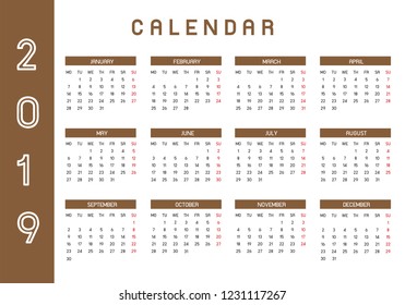 Colorful year 2019 calendar vector template.eps 10.