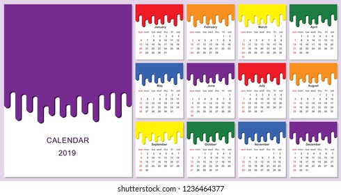 Colorful year 2019 calendar. Vector multicolor dripping paint. Isolated illustration.