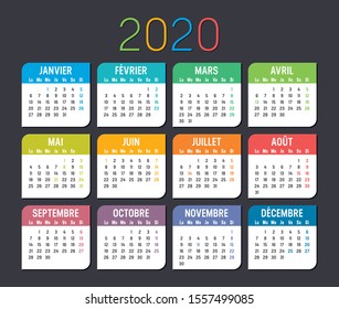 Colorful year 2020 calendar, in French language, isolated on a dark background