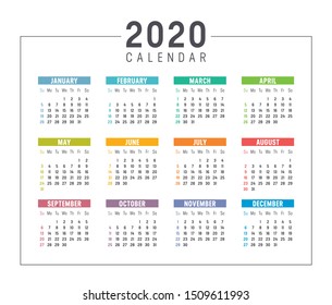 Colorful year 2020 calendar isolated on white background. Week starts Sunday. Vector template.