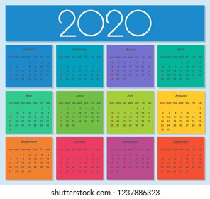 Colorful year 2020 calendar. Simple Vector Template. Isolated illustration