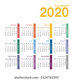 Colorful Year 2020 calendar vector design template, simple and clean design. Calendar for 2020 on White Background for organization and business. Week Starts Monday.