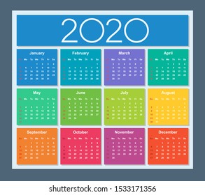 Colorful year 2020 calendar. Week starts on Sunday. Isolated vector illustration.