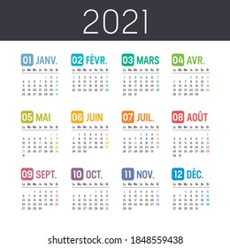 Colorful year 2021 calendar, in French language, isolated on white background. Week starts Monday. Vector template.