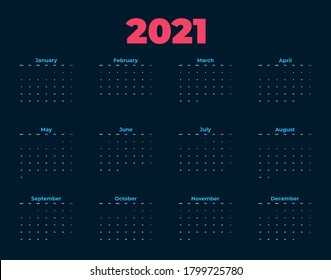Colorful Year 2021 calendar horizontal vector design template, simple and clean design. Calendar for 2021 on White Background for organization and business. Week Starts Monday