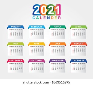 Colorful Year 2021 calendar horizontal vector design template, simple and clean design. Calendar for 2021 on White Background for organization and business. Week Starts Saturday