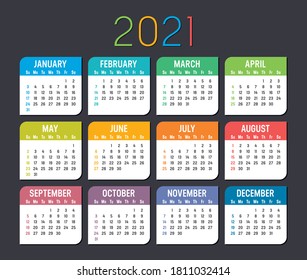 Colorful year 2021 calendar isolated on a dark background