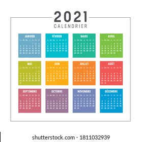 Colorful year 2021 calendar isolated, in French language, on white background. Vector template.