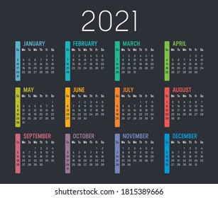 Colorful year 2021 calendar, isolated on a dark background. Vector template.