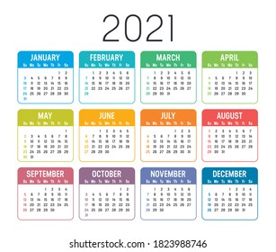 Colorful year 2021 calendar, isolated on white background. Vector template.