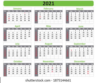 Colorful year 2021 calendar, isolated on white background,Vector template,Calendar 2021 year for USA country In a portrait format with holidays,Printable Single Page calendar design