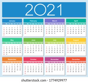 Colorful year 2021 calendar. Week starts on Sunday. Isolated vector illustration.