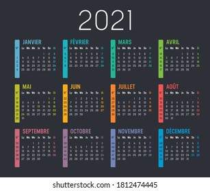 Colorful year 2021 calendar, with weeks numbers, in French language, isolated on a dark background. Vector template.