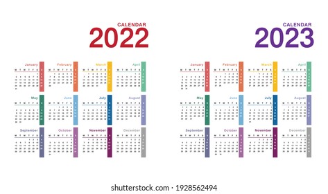 Colorful Year 2022 and Year 2023 calendar horizontal vector design template, simple and clean design. Calendar for 2022 and 2023 on White Background for organization and business. Week Starts Monday.