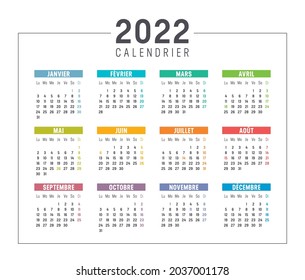 Colorful year 2022 calendar, in French language isolated on white background. Vector template.