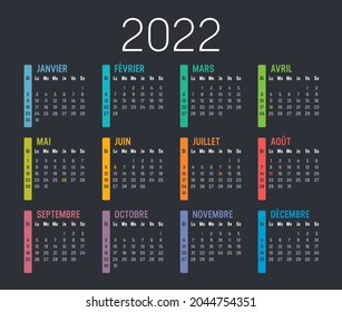 Colorful year 2022 calendar, in French language, isolated on a dark background. Vector template.