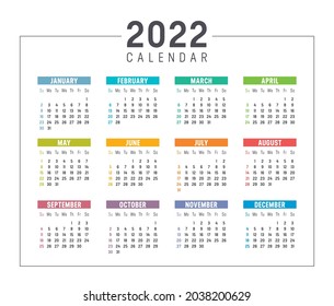 Colorful year 2022 calendar isolated on white background. Week starts Sunday. Vector template.