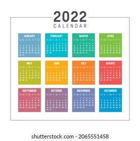 Colorful year 2022 calendar, on white background. Vector template.