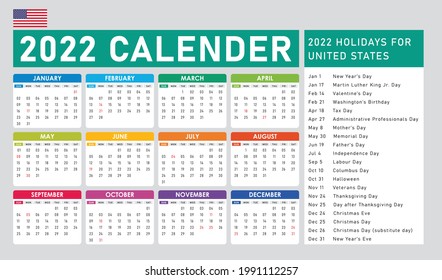Colorful Year 2022 calendar for United States - Us  Holiday , simple and clean design. Calendar for 2022 on White Background for organization and business. Week Starts Sunday