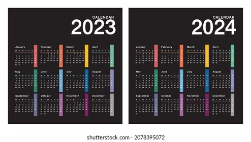 Plantilla de diseño de vectores horizontales de calendario de año 2023 y año 2024, de diseño sencillo y limpio. Calendario para 2023 y 2024 sobre fondo blanco para la organización y el negocio. La semana empieza el lunes.