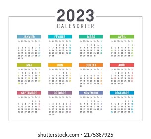 Colorful year 2023 calendar, in French language isolated on white background. Vector template.