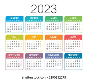 Colorful year 2023 calendar, in French language, isolated on white background. Vector template.