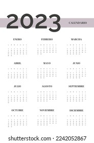 Colorful year 2023 calendar, in spanish isolated on white background. Vector template.