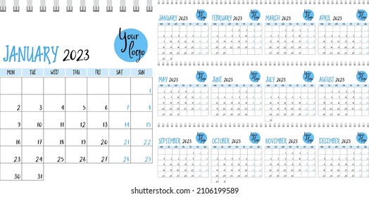 Colorful Year 2023 calendar vector design template, simple and clean design. Calendar with place for photo and company logo.
Calendar for 2023 on white background. Week Starts Monday. Set of 12 Months