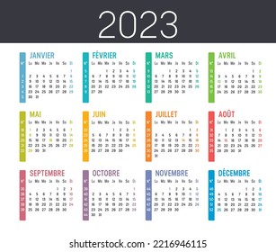 Colorful year 2023 calendar, with weeks numbers, in French language, isolated on a white background. Vector template.