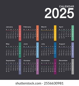 Colorful Year 2025 calendar horizontal vector design template, simple and clean design. Calendar for 2025 on White Background for organization and business. Week Starts Monday.	