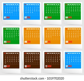 Colorful year calendar 2018 in frame with shadow. Week start on Sunday. Vector illustration. Eps 10