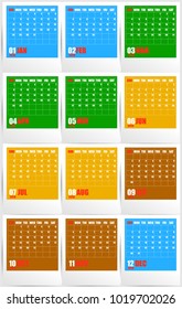 Colorful year calendar 2018 in frame with shadow. Week start on Sunday. Vector illustration. Eps 10