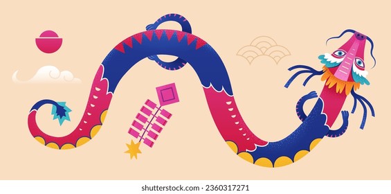 Colorful Year of the dragon elements isolated on beige background. Including vibrant dragon, gold ingot, oriental cloud and firecrackers.