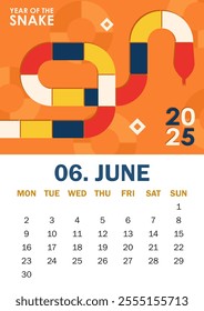 Colorful Year of the Snake 2025 calendar page for June with geometric snake silhouette in blue, yellow, red, white. Abstract illustration for planners, social media posts, branding material