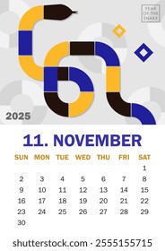 Colorful Year of the Snake 2025 calendar page for November with geometric snake silhouette in blue, yellow, black and white. Abstract illustration for planners, social media posts, branding material