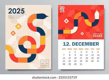 Colorful Year of the Snake 2025 calendar page for December with geometric snake silhouette in orange, blue, red and white. Abstract illustration for planners, social media posts, branding material