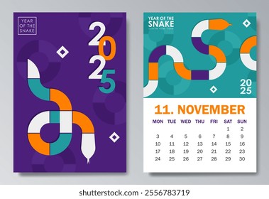 Colorful Year of the Snake 2025 calendar pages for November with geometric snake silhouette in purple, cyan, orange, white. Abstract illustration for planners, social media posts, branding material